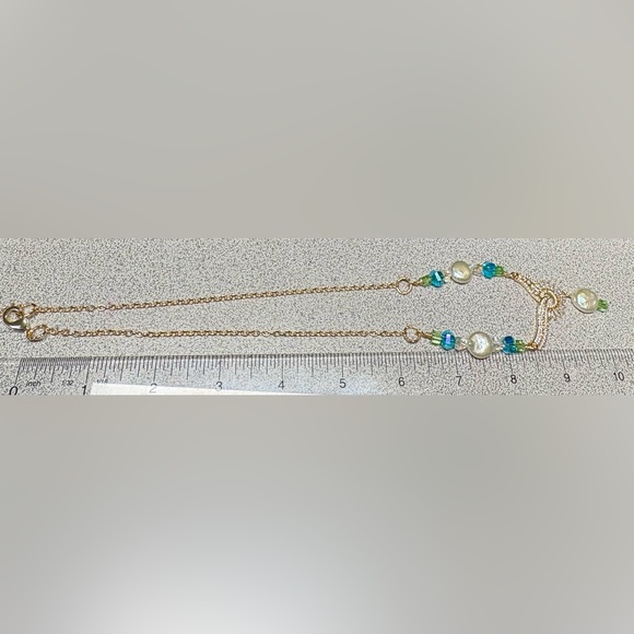 Elegant Gold and genuine Biwa pearl/Swarovski crystal blue and Green Necklace - Picture 12 of 15